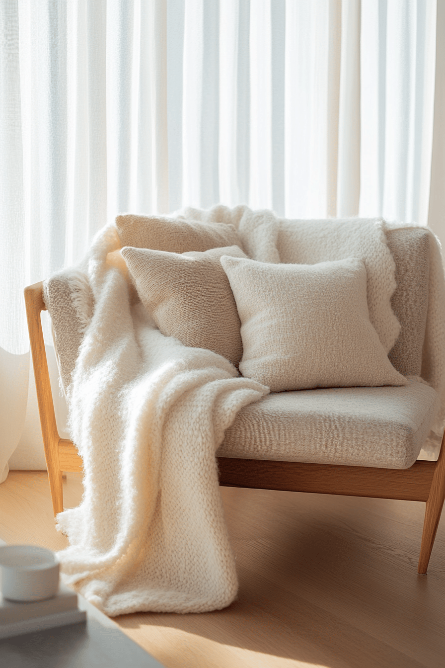Ein Sessel mit weichen, weißen Kissen und einer Decke vor einem hellen Vorhang.