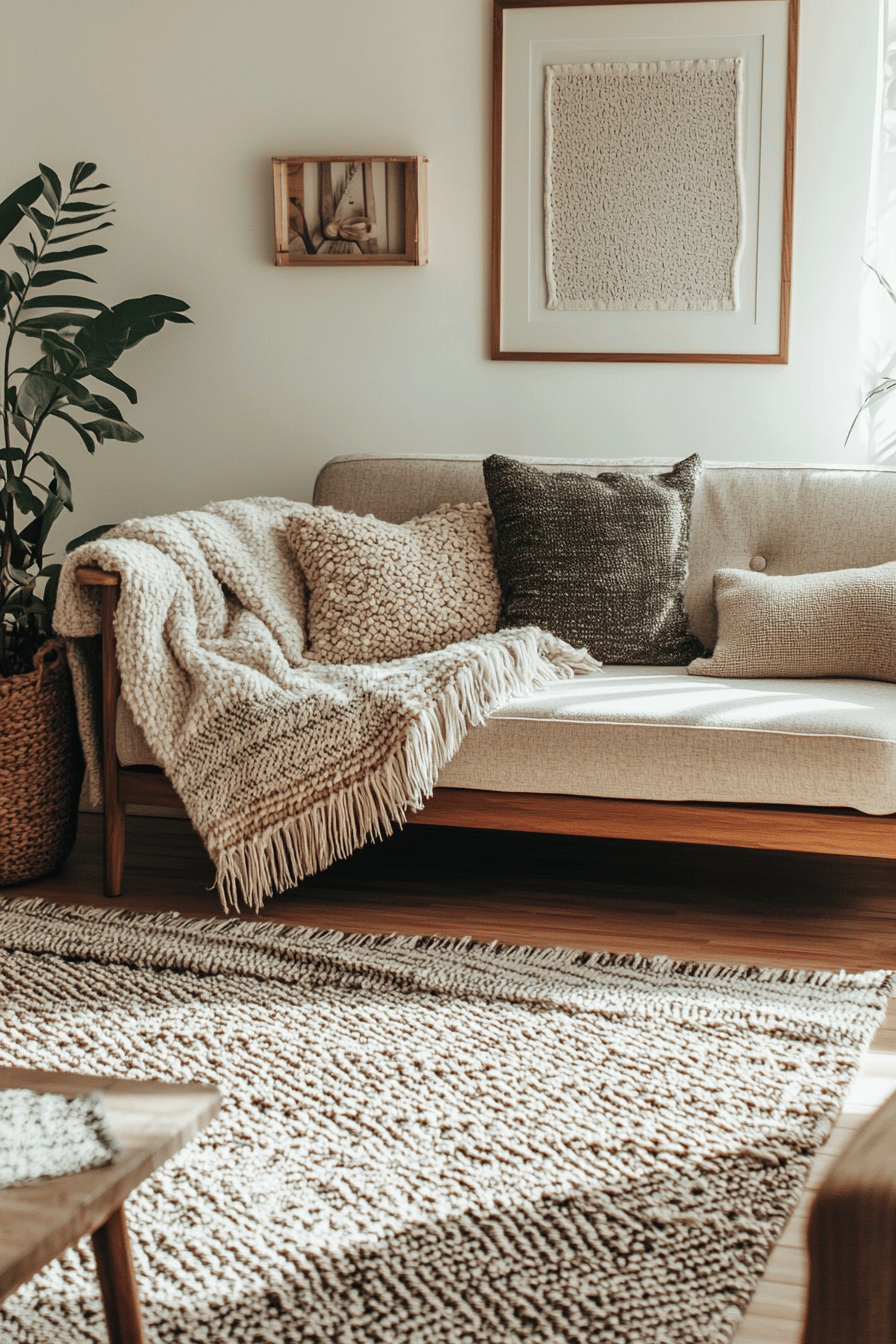 Ein skandinavisch eingerichtetes Wohnzimmer mit Sofa, Kissen und Decken.