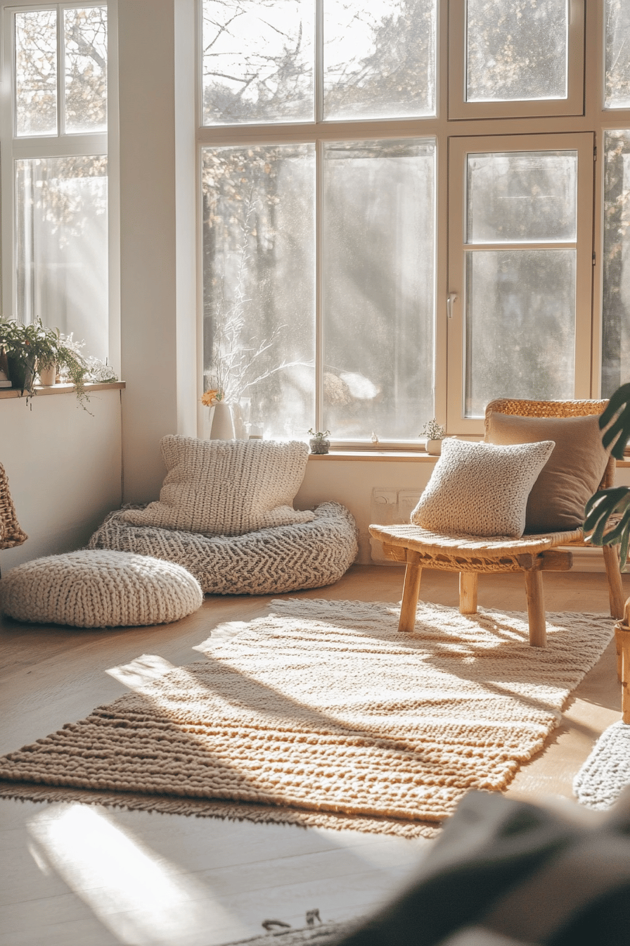 Ein helles Wohnzimmer mit großen Fenstern, geflochtenem Teppich, und gemütlichen Kissen.