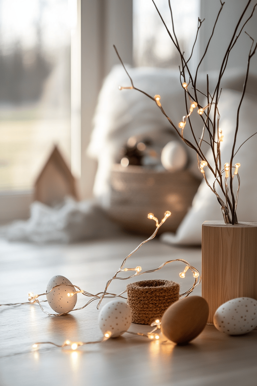 Skandinavische Osterdeko mit Lichterkette auf einem Tisch.