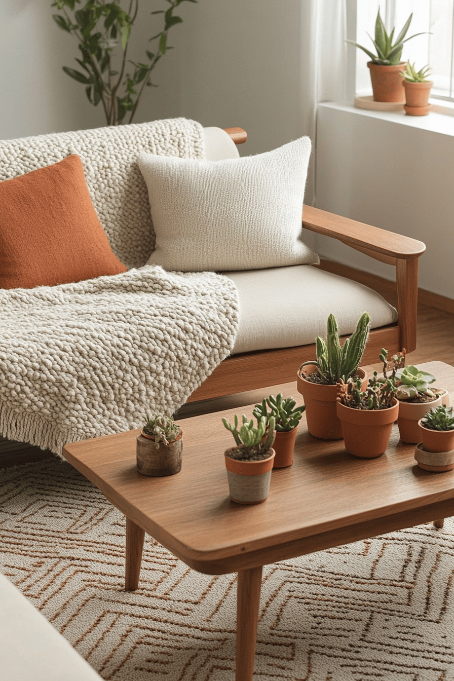 Gemütliches Wohnzimmer mit Holzsofa und Pflanzen auf einem Tisch.