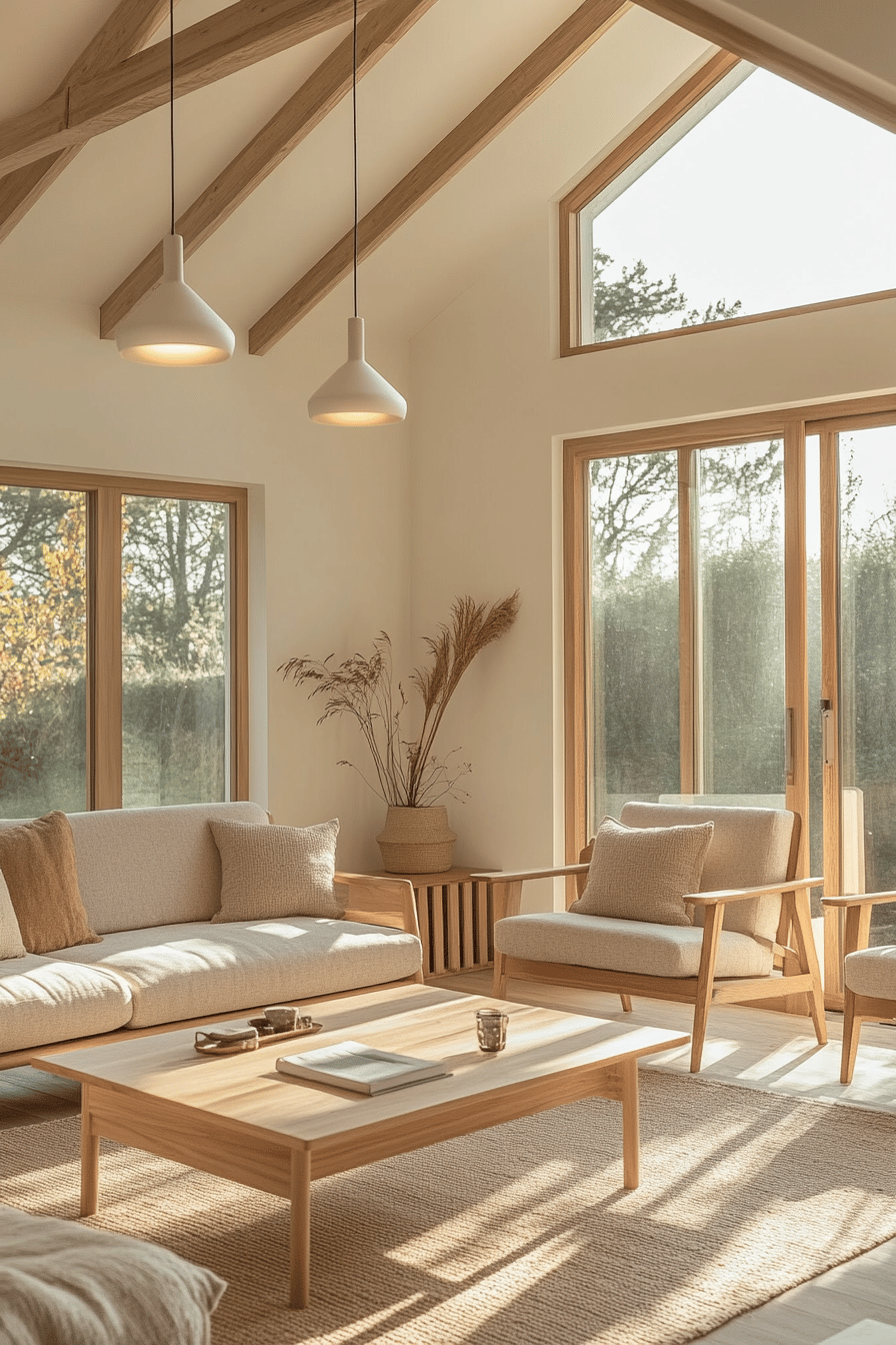 Helles Wohnzimmer im skandinavischen Stil mit großen Fenstern und hölzernem Interieur.