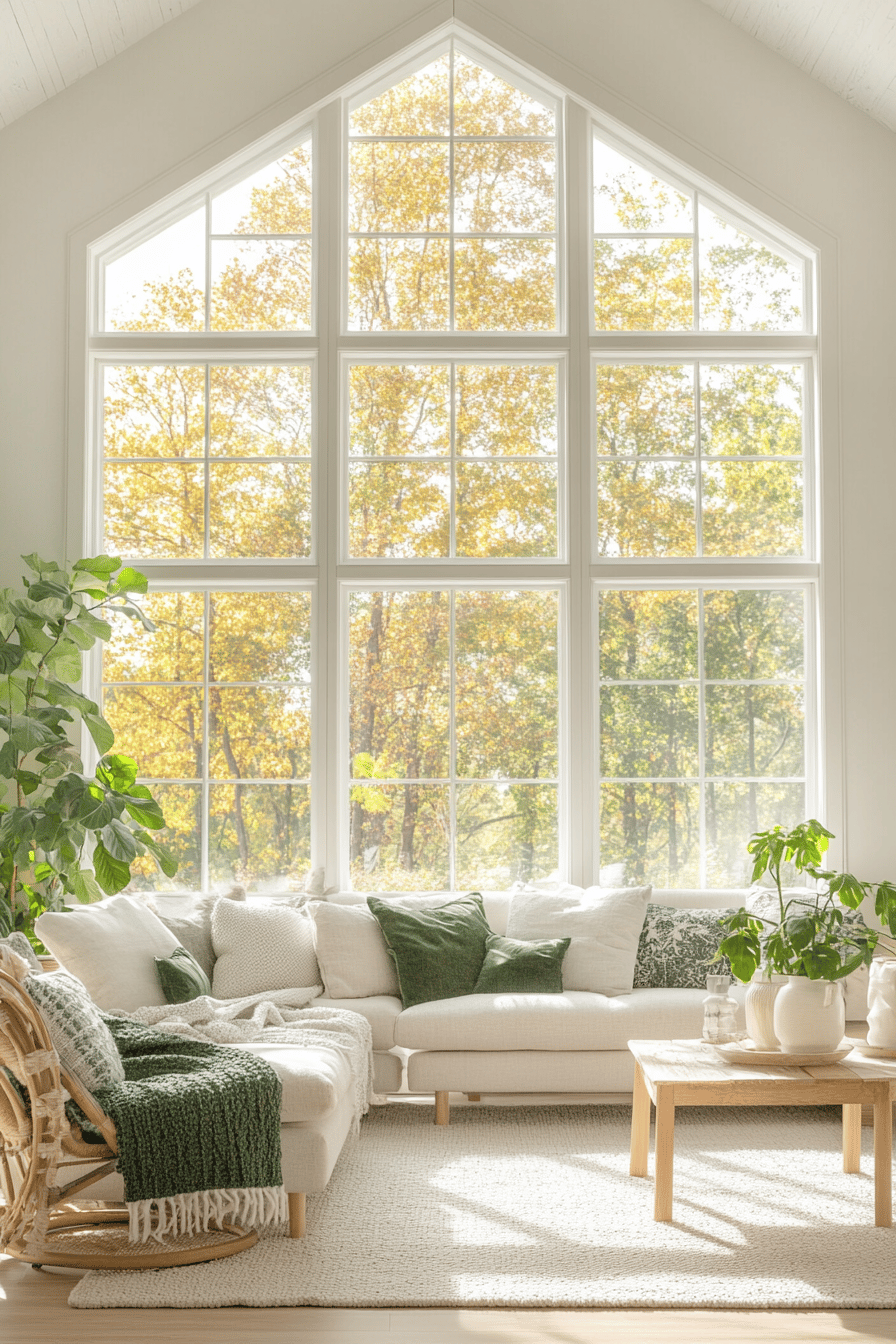Ein skandinavisch eingerichtetes Wohnzimmer mit großen Fenstern, einem beigen Sofa und viel Grün.
