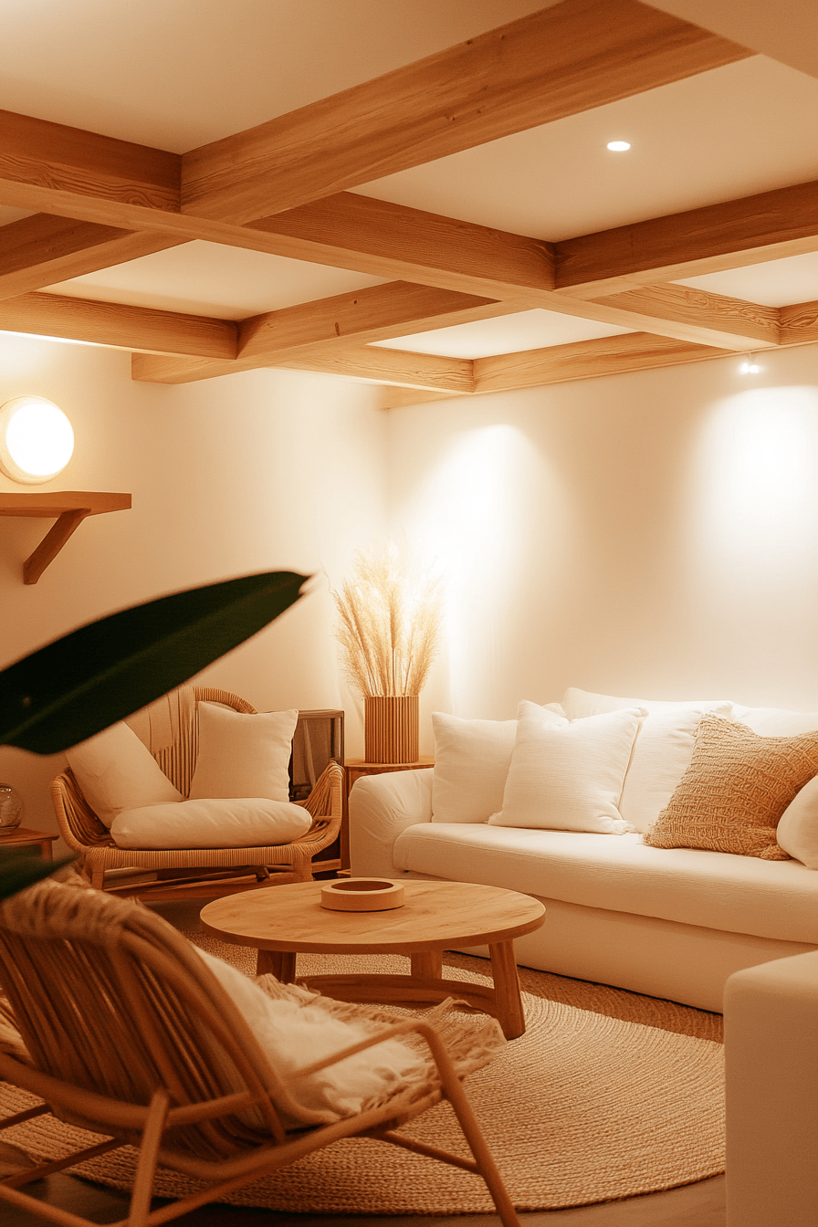 Ein skandinavisch eingerichtetes Wohnzimmer mit warmem Licht, weißen Sofas und Holzmöbeln.