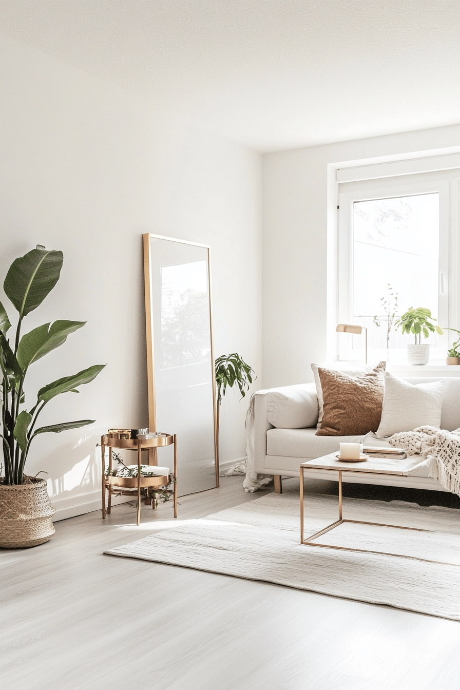 Skandinavisches Wohnzimmer mit goldenen Dekoelementen und Pflanzen.