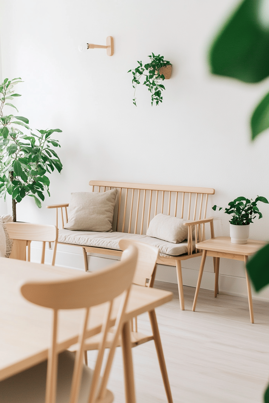 Skandinavisches Wohnzimmer mit Holzstühlen, Bank und Pflanzen.