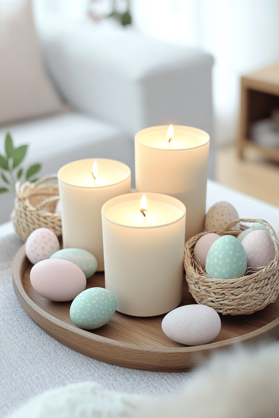 Kerzen und pastellfarbene Ostereier auf einem Tablett.