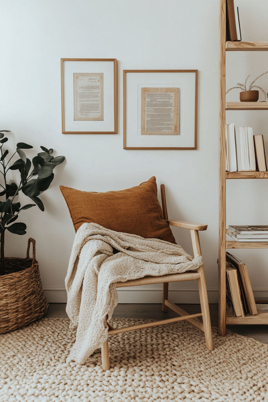 Holzstuhl mit Kissen, Decke, und schlichter Wandkunst in einem skandinavisch gestalteten Raum.