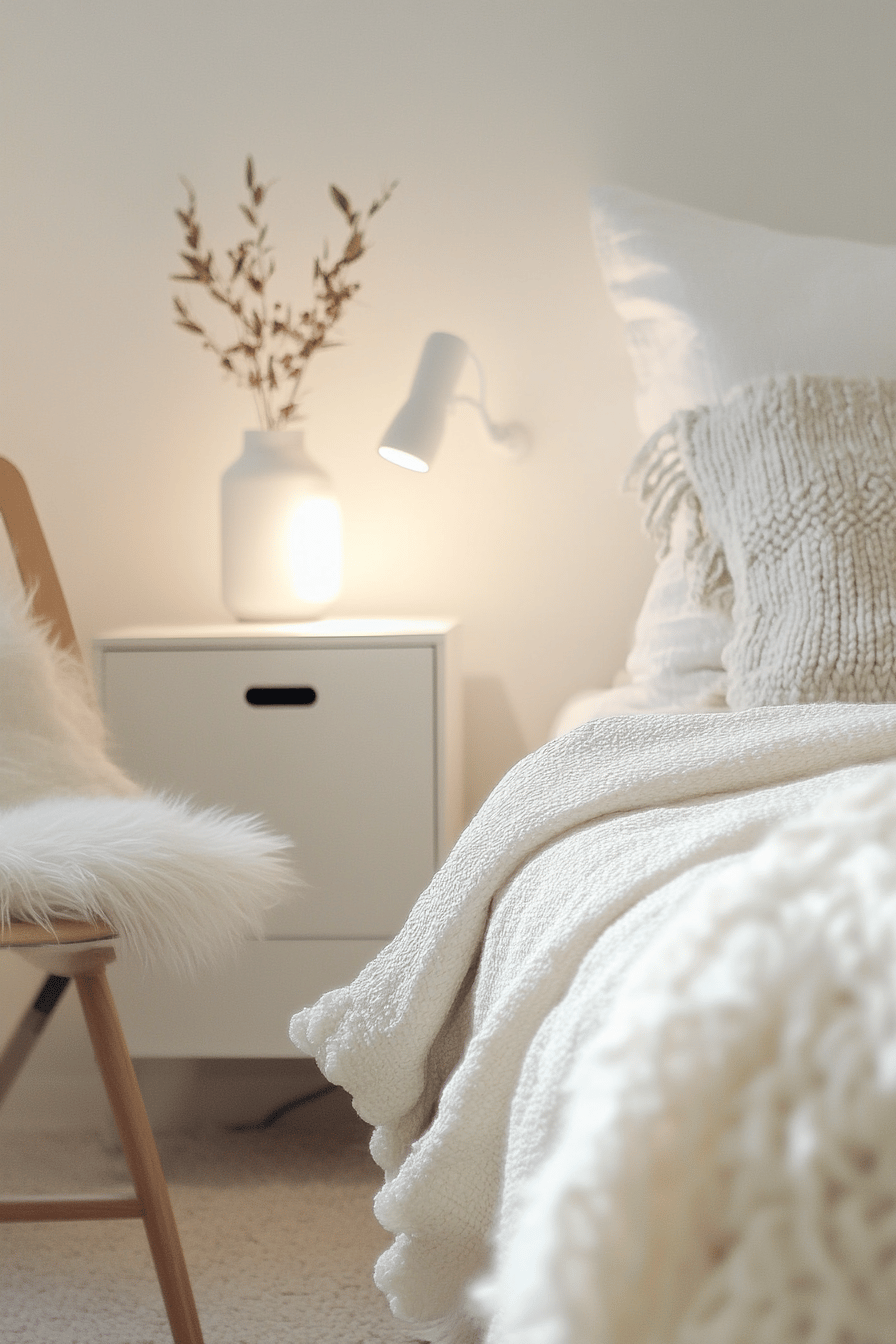 Ein skandinavisches Schlafzimmer mit weißem Nachttisch, kuscheligem Bett und dezenter Beleuchtung.