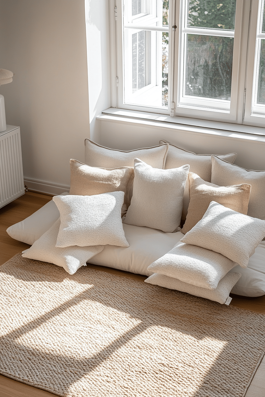 Helles Wohnzimmer mit beigen Kissen und einem Teppich vor einem Fenster.