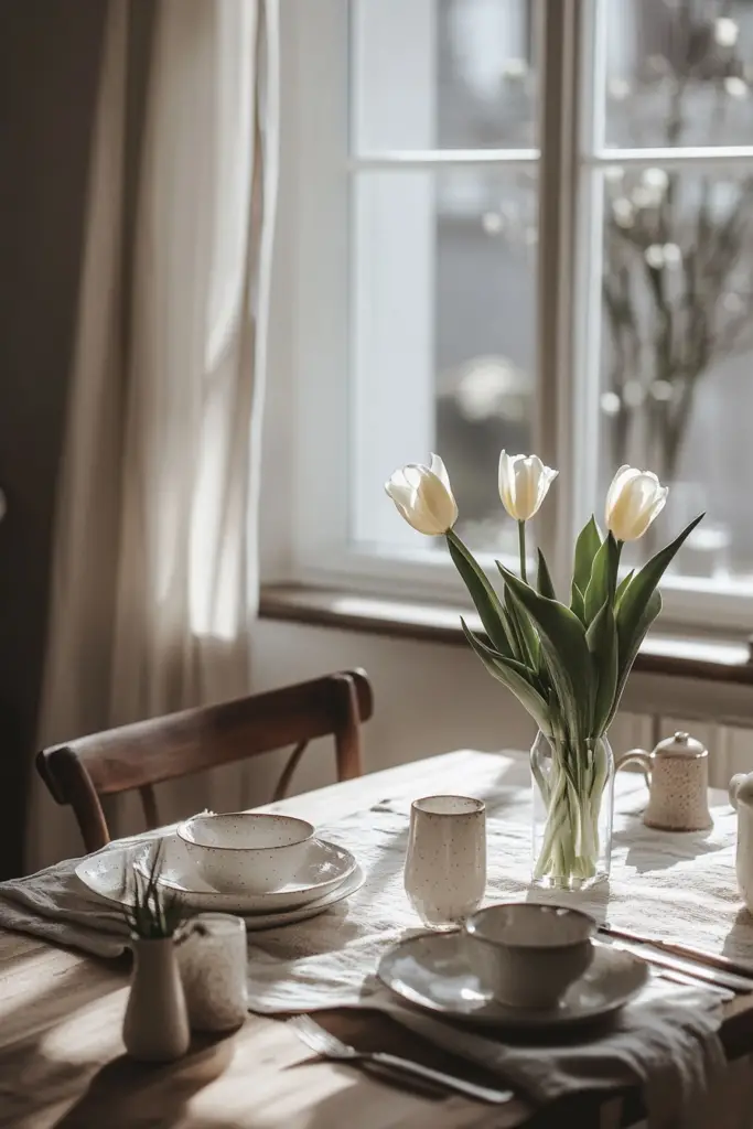 Skandinavisch Gedeckter Tisch mit Blumenstrauß