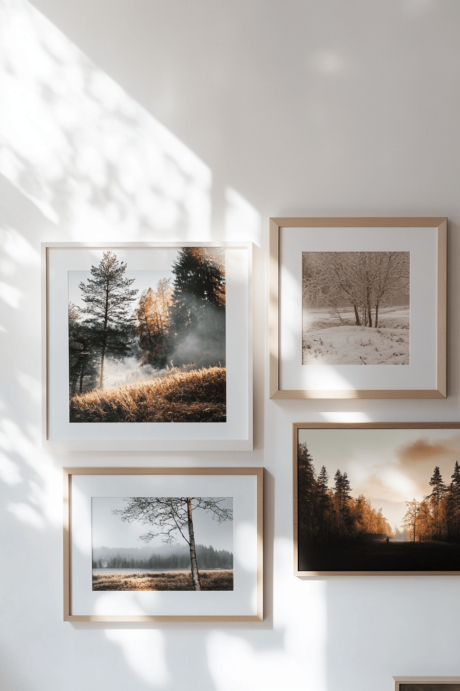 Wand mit schwedischen Fotografien, die herbstliche und winterliche Landschaften zeigen.