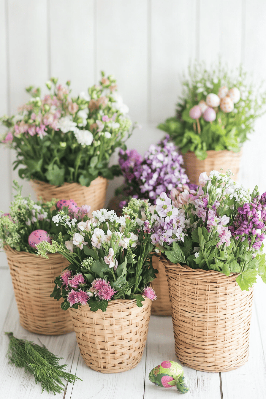 Körbe mit verschiedenen nordischen Blumen und dekorativen Eiern.