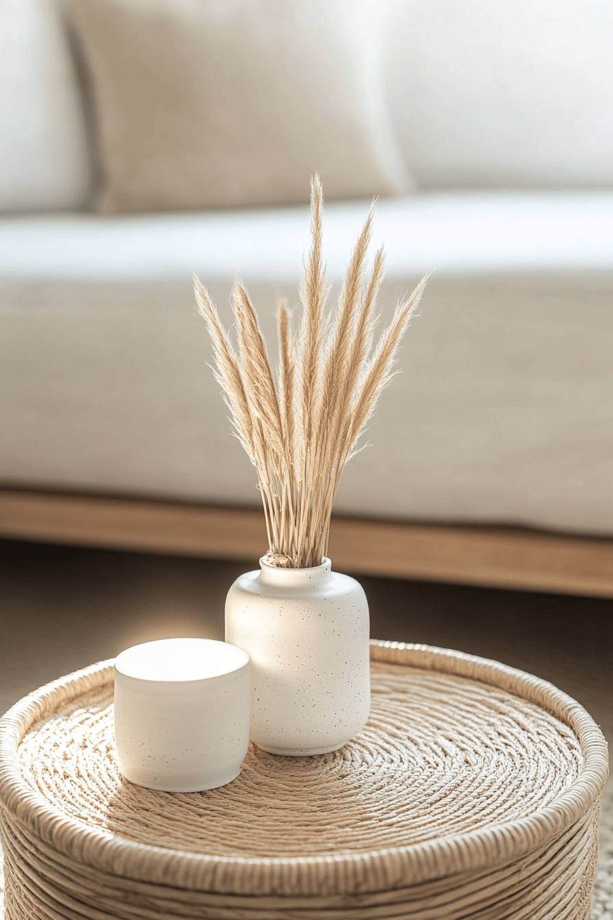Minimalistische Dekoration mit einer weißen Vase und getrockneten Gräsern auf einem runden Rattantisch.
