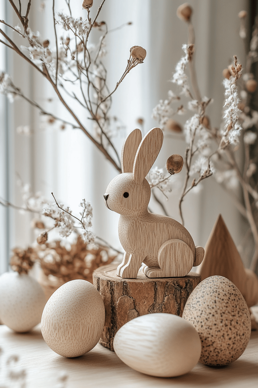 Ein dekorativer Holzhase umgeben von Holzeiern und Trockenblumen.