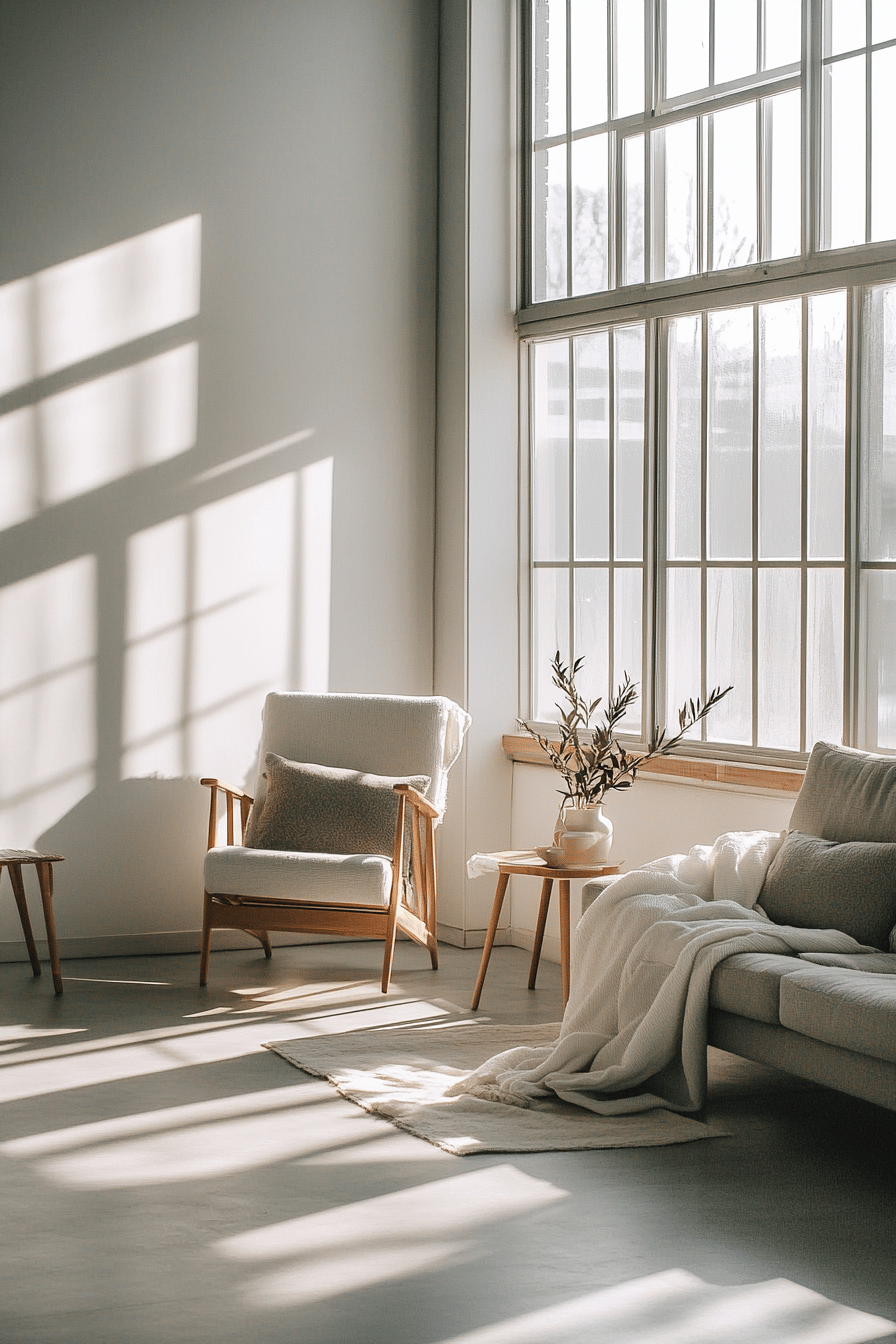 Ein minimalistisches Wohnzimmer mit einem großen Fenster, hellem Sessel, Sofa und Dekoration in natürlichen Farbtönen.