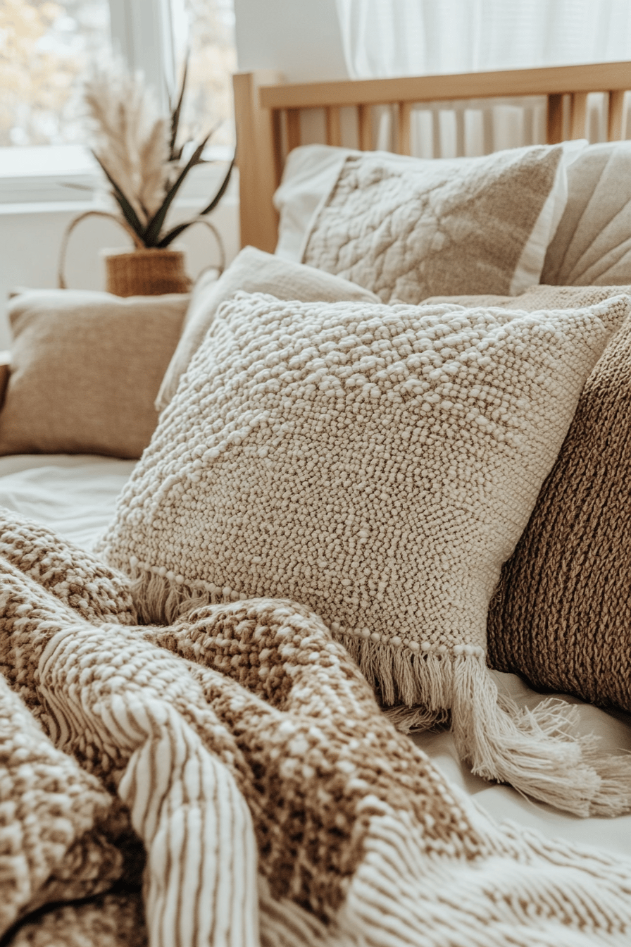 Kissen und Decken in neutralen Tönen auf einem Bett.