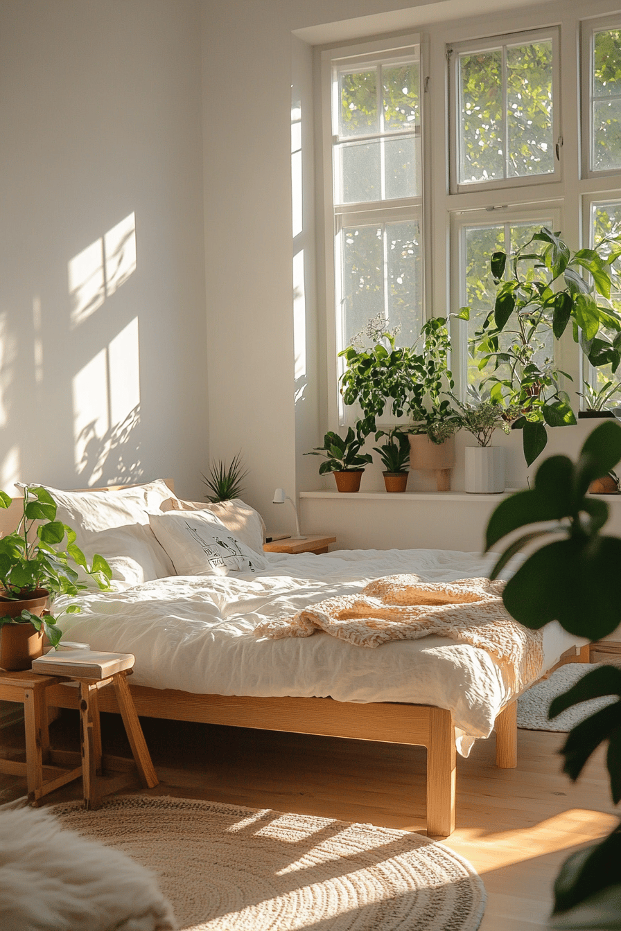 Ein skandinavisches Schlafzimmer mit viel natürlichem Licht und grünen Pflanzen.