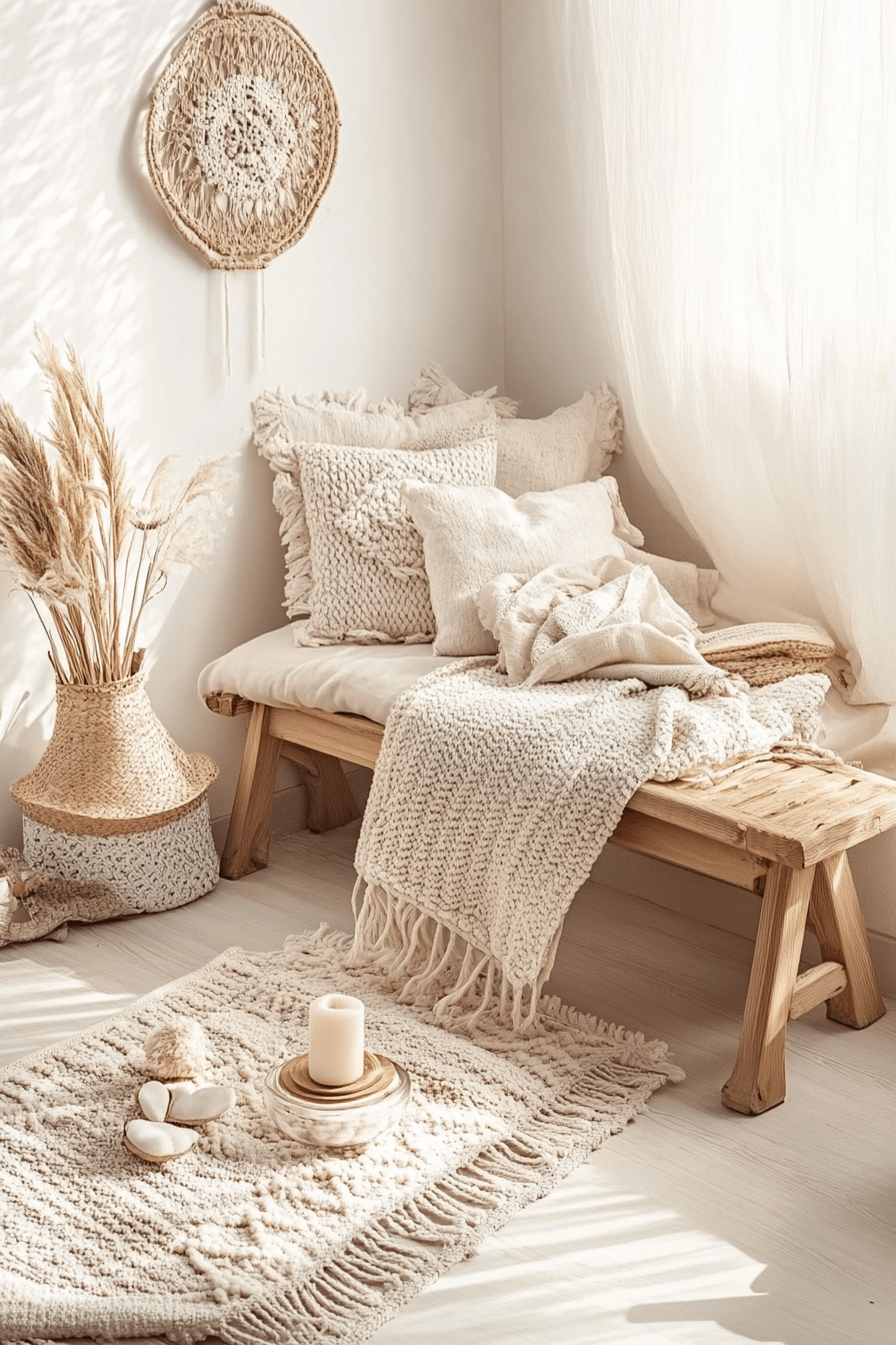 Schlafzimmer im skandinavischen Stil mit gemütlichen Textilien in neutralen Farben.