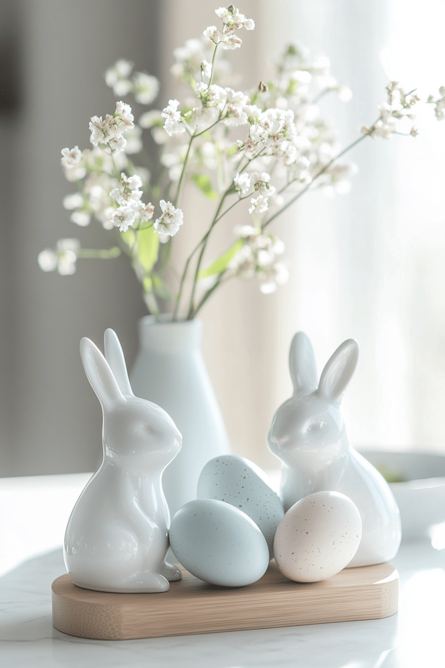 Zwei weiße Keramikhasen mit pastellfarbenen Ostereiern und blühenden Zweigen