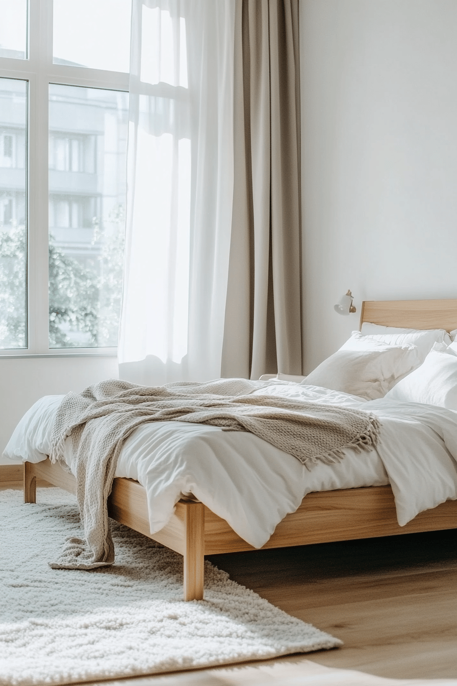 Hell eingerichtetes Schlafzimmer mit minimalistischen Möbeln, natürlichem Licht und neutralen Farben.