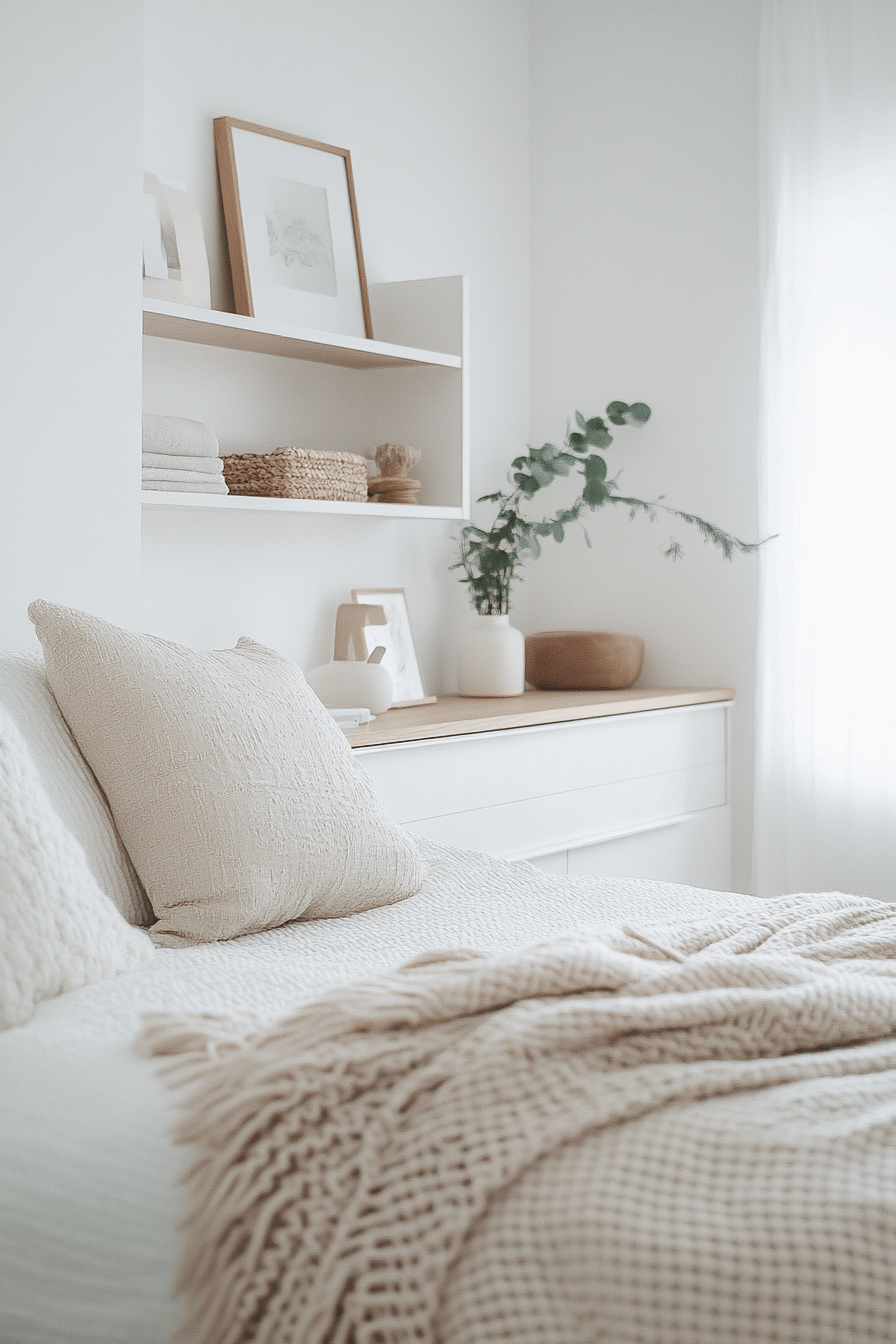 Ein minimalistisches Schlafzimmer im skandinavischen Stil mit offenen Regalen und neutralen Tönen.