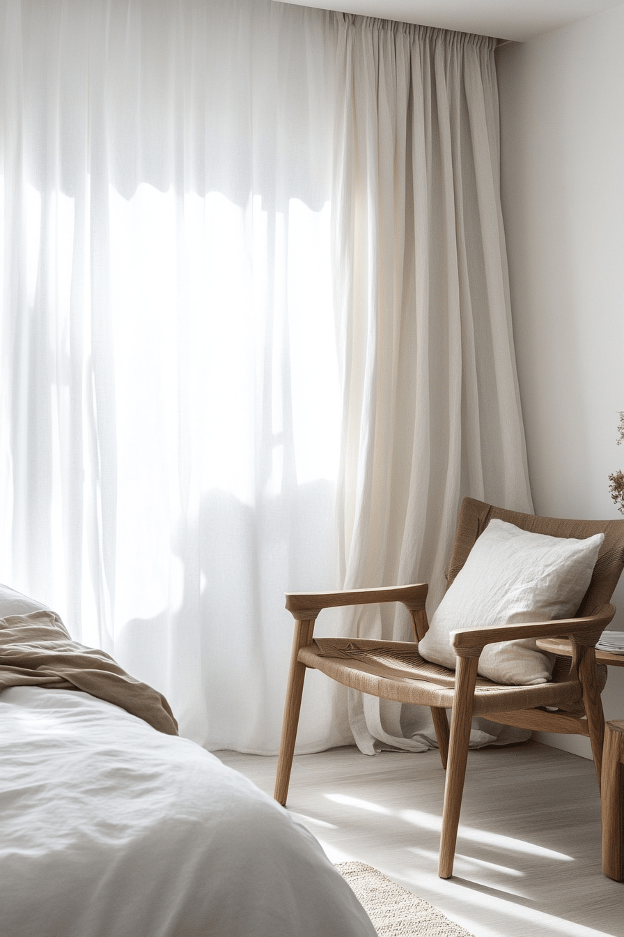 Ein helles Schlafzimmer mit weißen Vorhängen und einem modernen Holzstuhl.