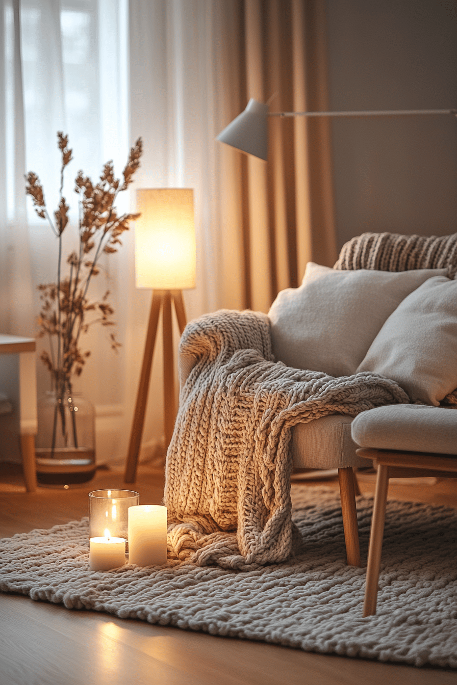 Ein skandinavisch eingerichtetes Wohnzimmer mit einem beigen Sessel, Strickdecke und gedämpfter Beleuchtung durch Kerzen und Stehlampe.