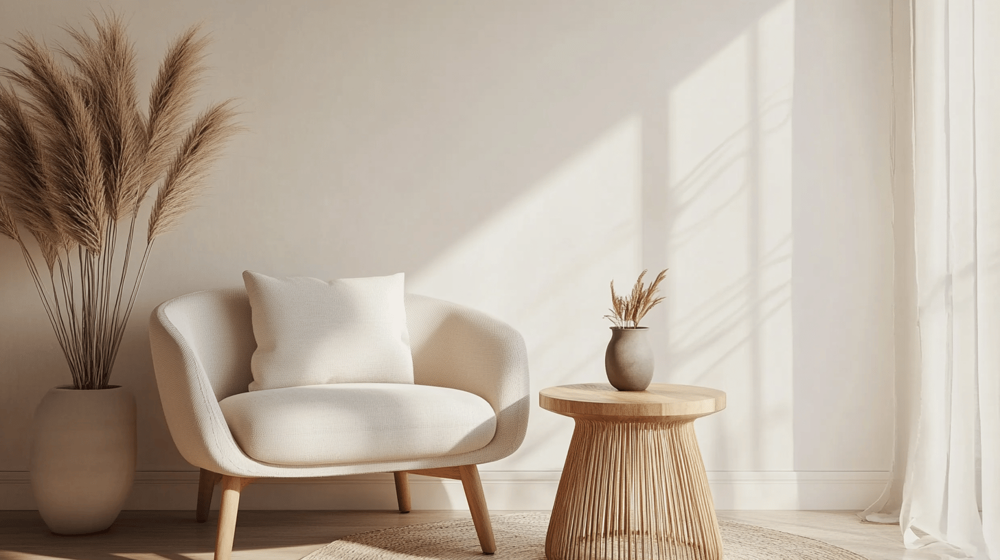 Minimalistisches Wohnzimmer mit Sessel und Tisch im Sonnenlicht