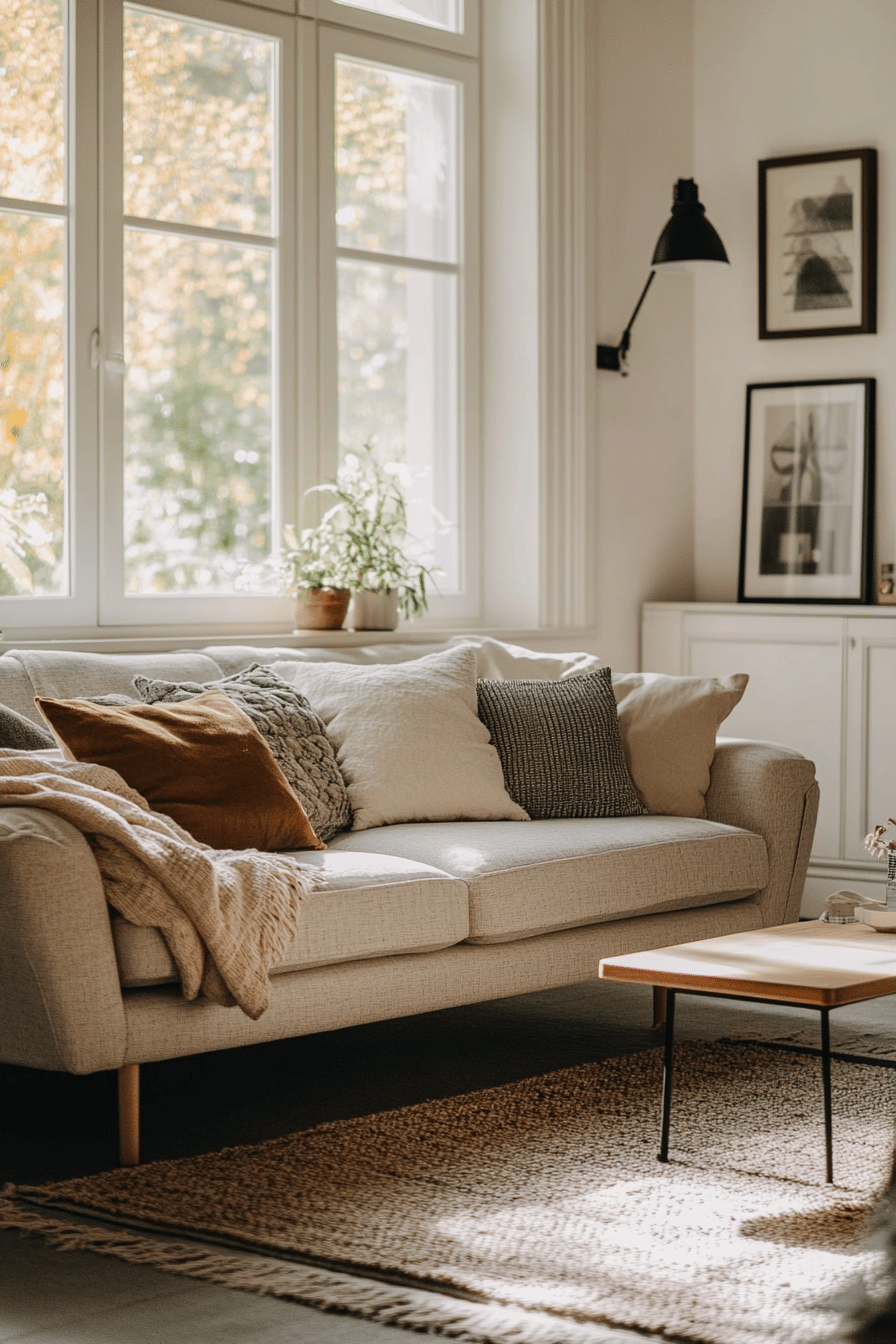 Gemütliches Wohnzimmer im skandinavischen Stil mit Sofa und Kissen.