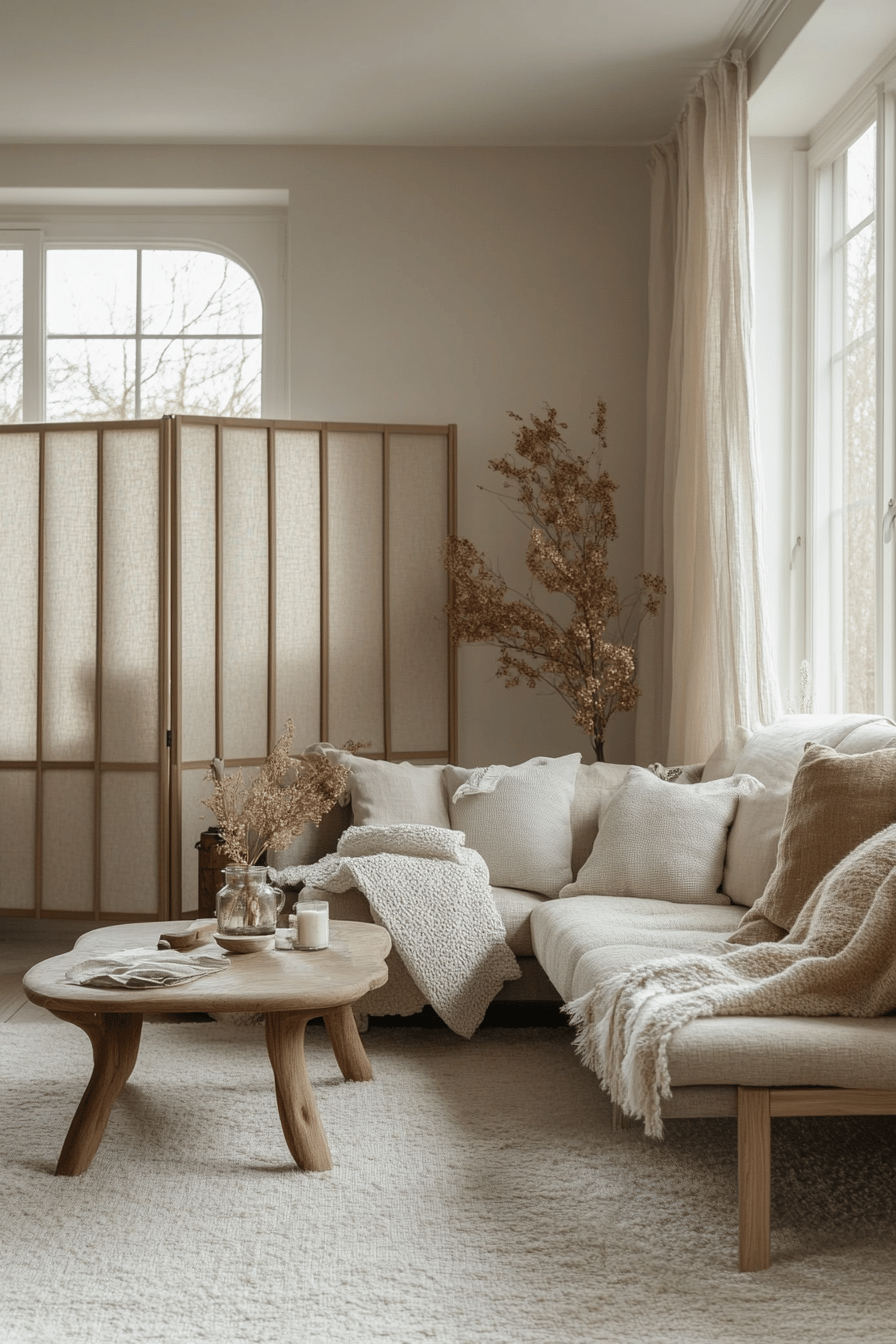 Ein skandinavisches Wohnzimmer mit hellen Möbeln, Raumteiler und natürlicher Dekoration.