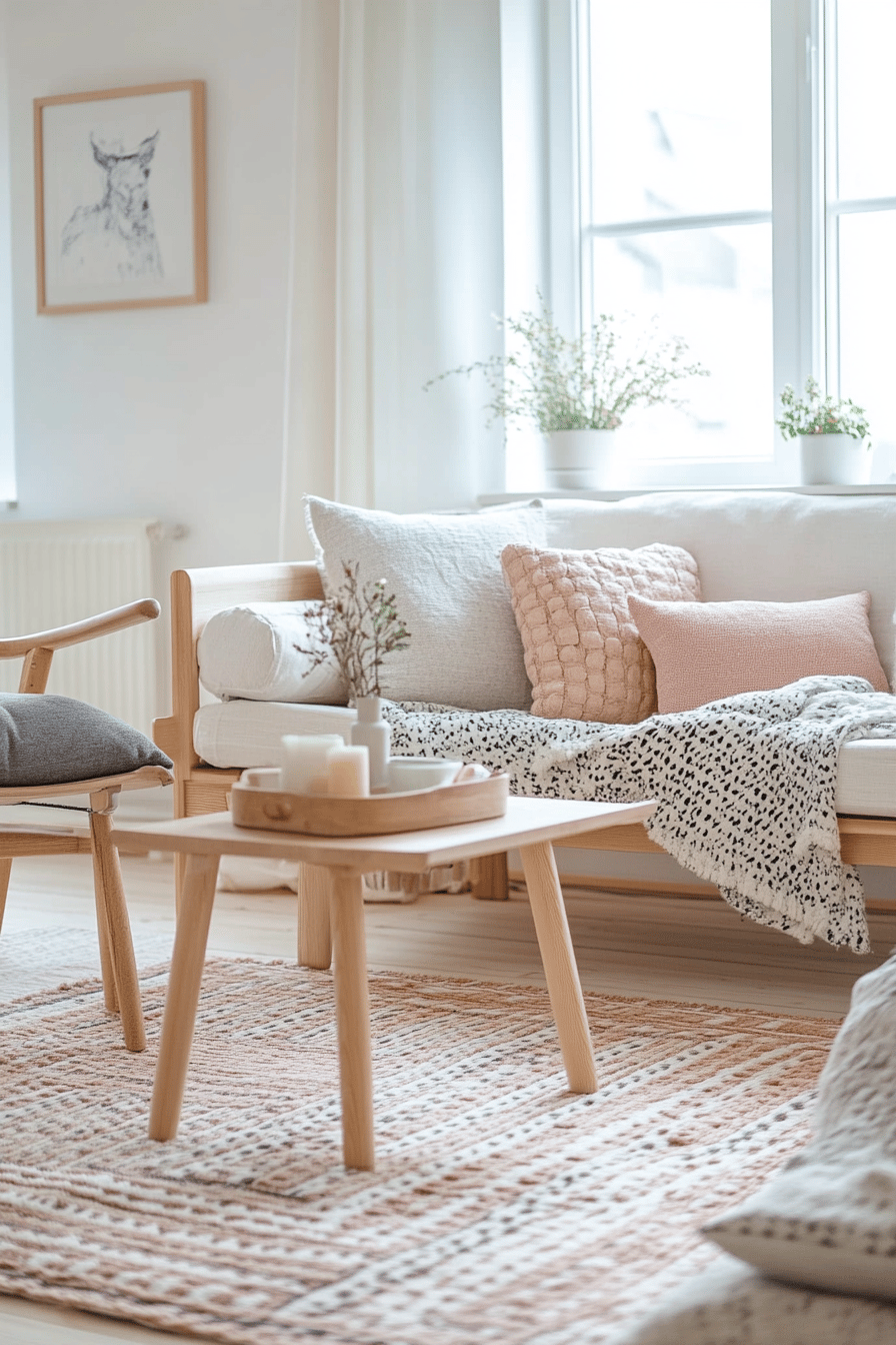 Skandinavisches Wohnzimmer mit hellen Farben, natürlichem Holz und gemütlichen Kissen.