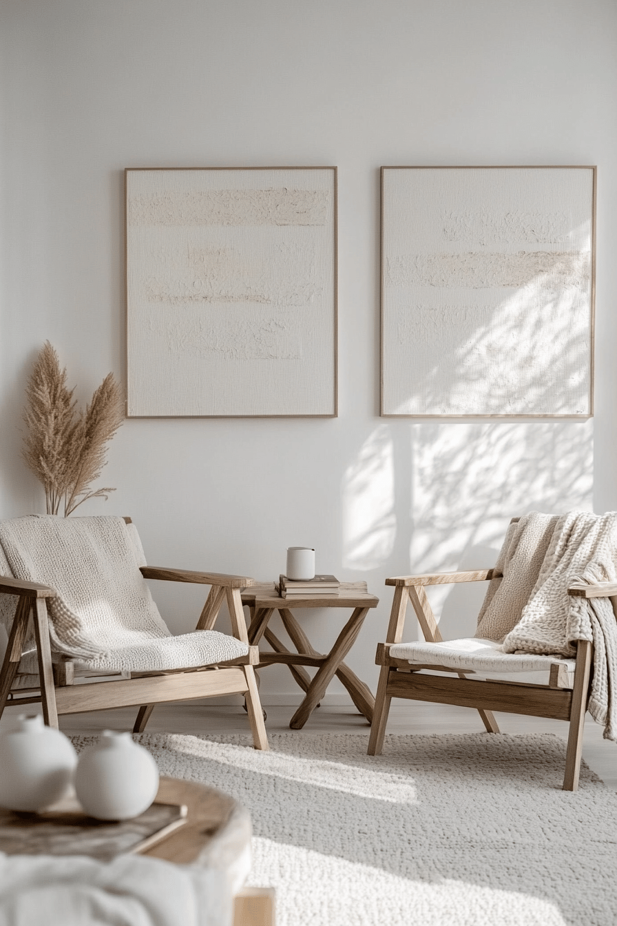 Skandinavisches Wohnzimmer mit minimalistischen Kunstwerken an der Wand, zwei Holzstühlen und einem Holztisch.