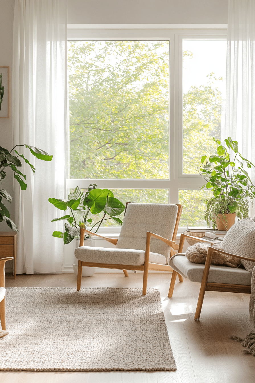 Ein helles Wohnzimmer im skandinavischen Stil mit Holzmöbeln und vielen Pflanzen.