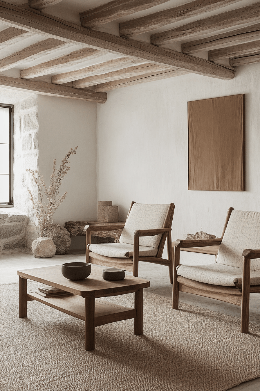Ein skandinavisches Wohnzimmer mit Holzbalken, minimalistischen Möbeln und neutralen Farben.