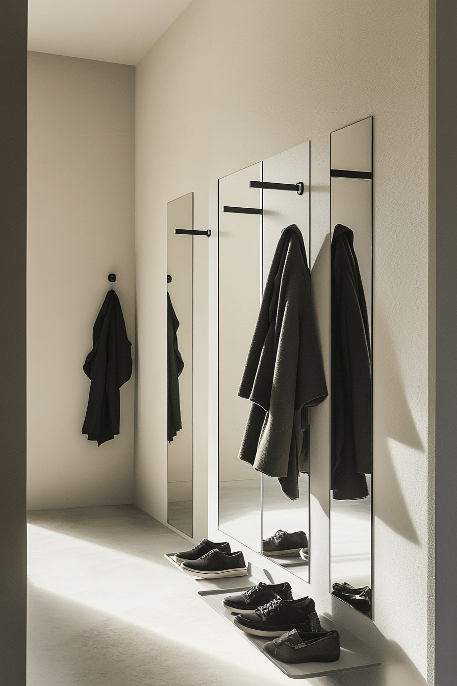 Moderner Flur mit drei schmalen Spiegeln und dunklen Jacken an Haken.