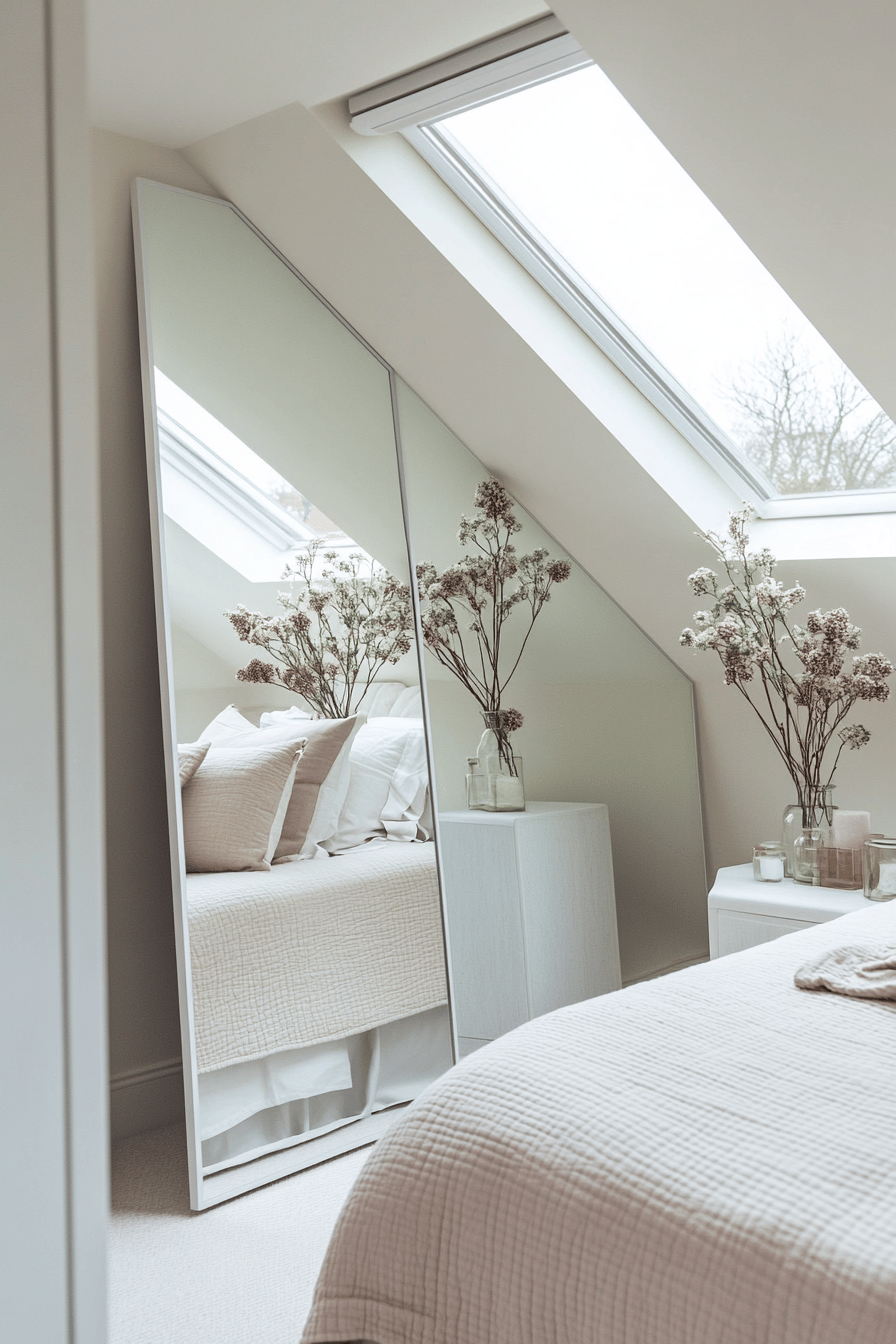 Ein Schlafzimmer mit Dachschräge und großen Spiegeln, die neben dem Bett platziert sind.