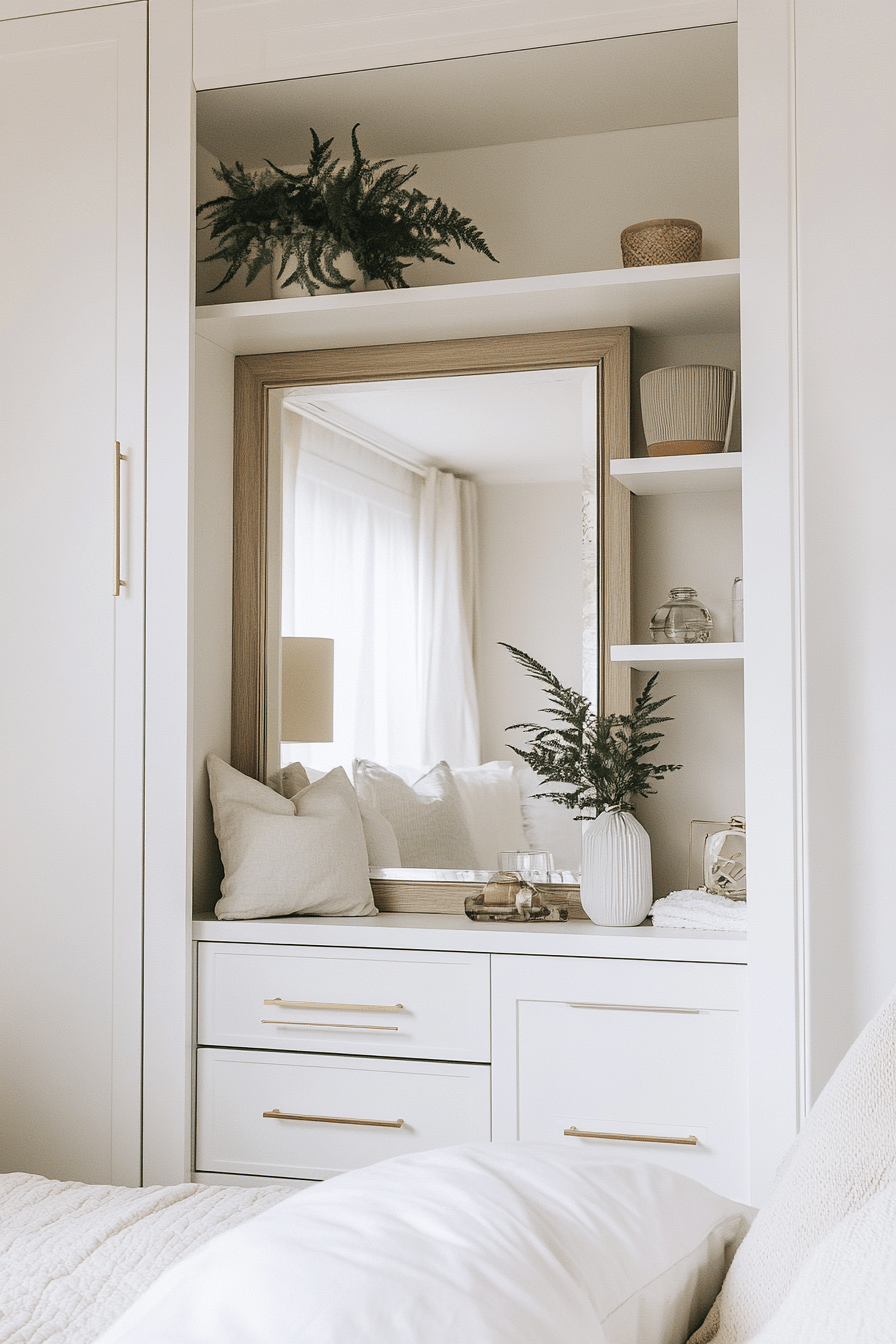 Ein Spiegel in einem hellen, kleinen Schlafzimmer mit integriertem Stauraum.