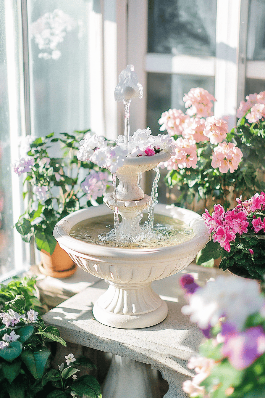 Eleganter Springbrunnen auf einem Balkon, umgeben von blühenden Pflanzen.