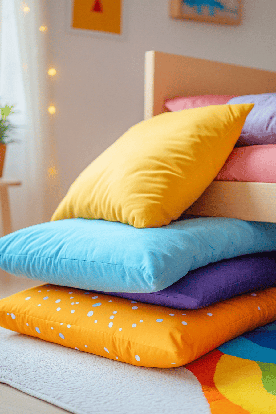 Bunte, stapelbare Kissen auf einem Bett mit fröhlichem Design.
