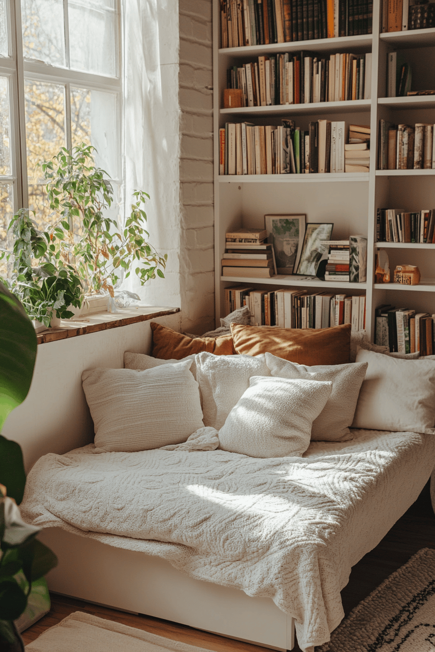 Ein helles Zimmer mit einem Tagesbett, Kissen und einem Bücherregal.