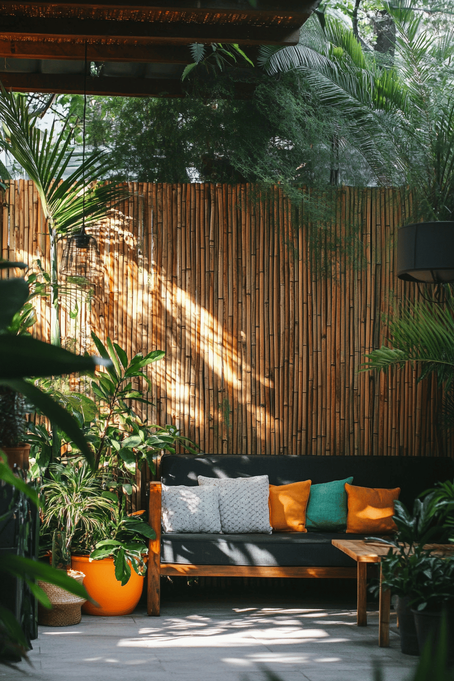 Terrasse mit Bambuswand, Pflanzen und gemütlichen Sitzecken.