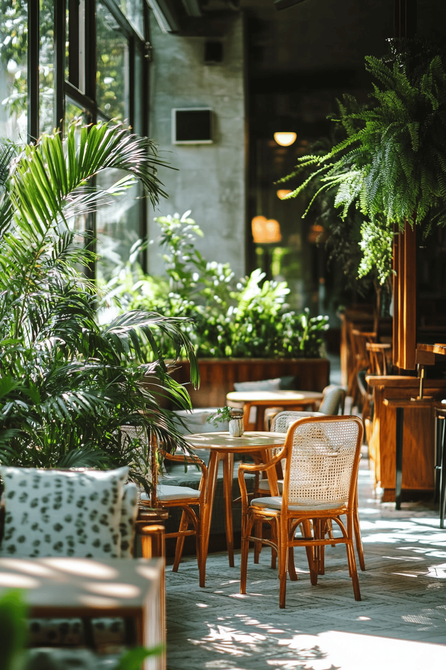 Eine gemütliche Terrasse mit Holzmöbeln, Pflanzen und natürlichem Licht.