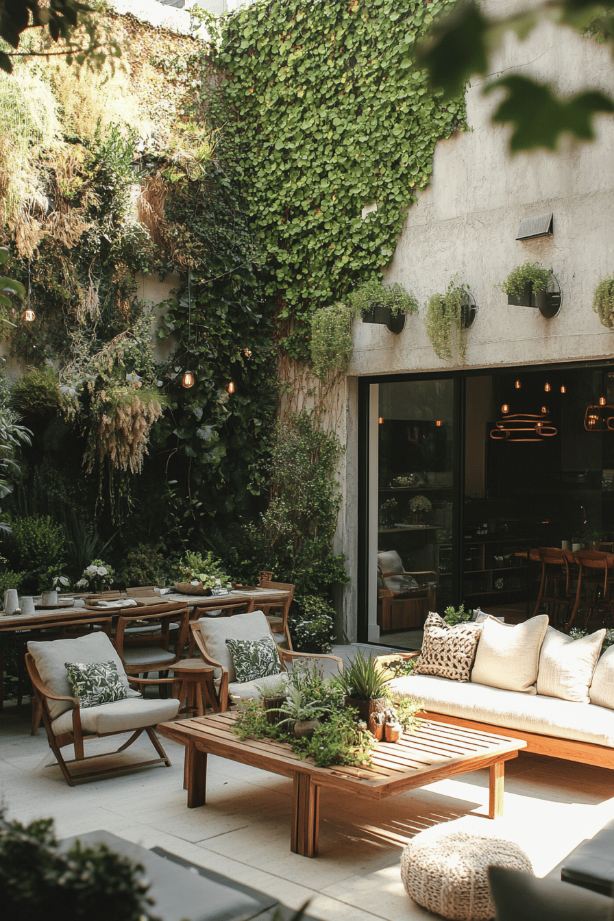 Eine Terrasse mit Esstisch, gemütlichen Sitzgelegenheiten und üppigem Pflanzenbewuchs.