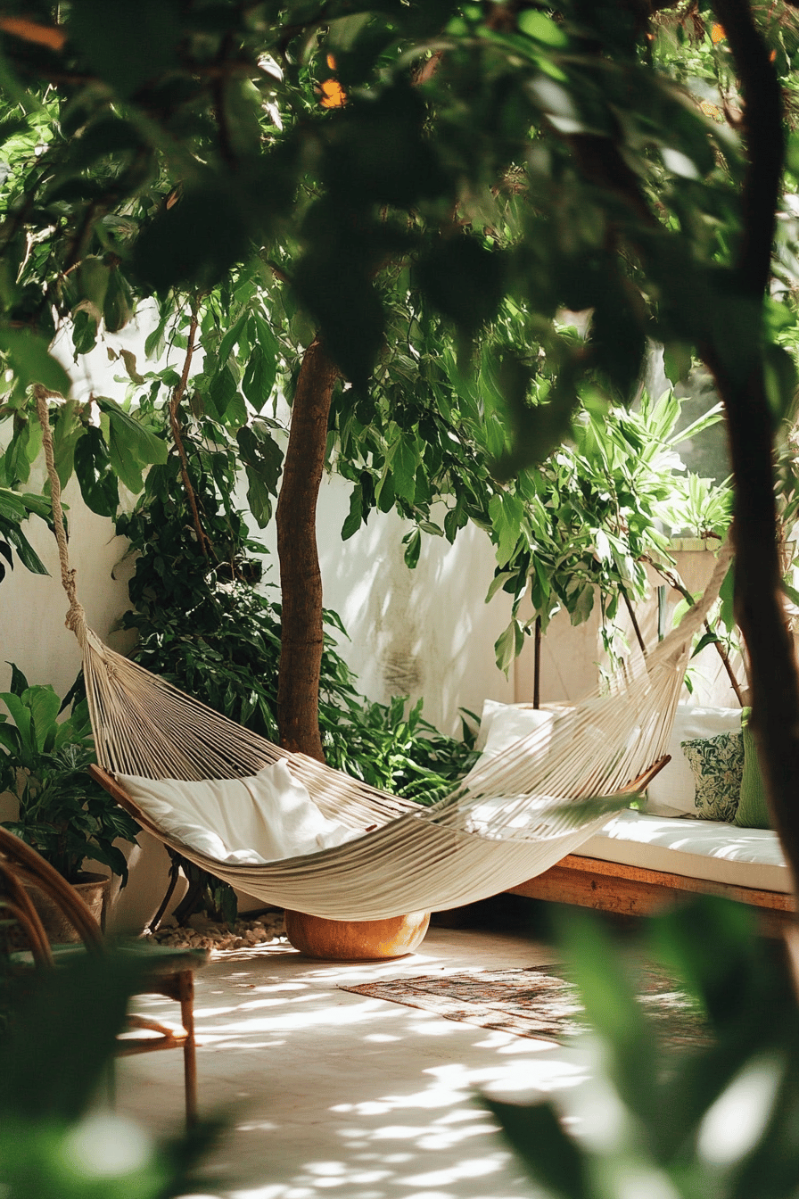 Hängematte zwischen Bäumen auf einer begrünten Terrasse.
