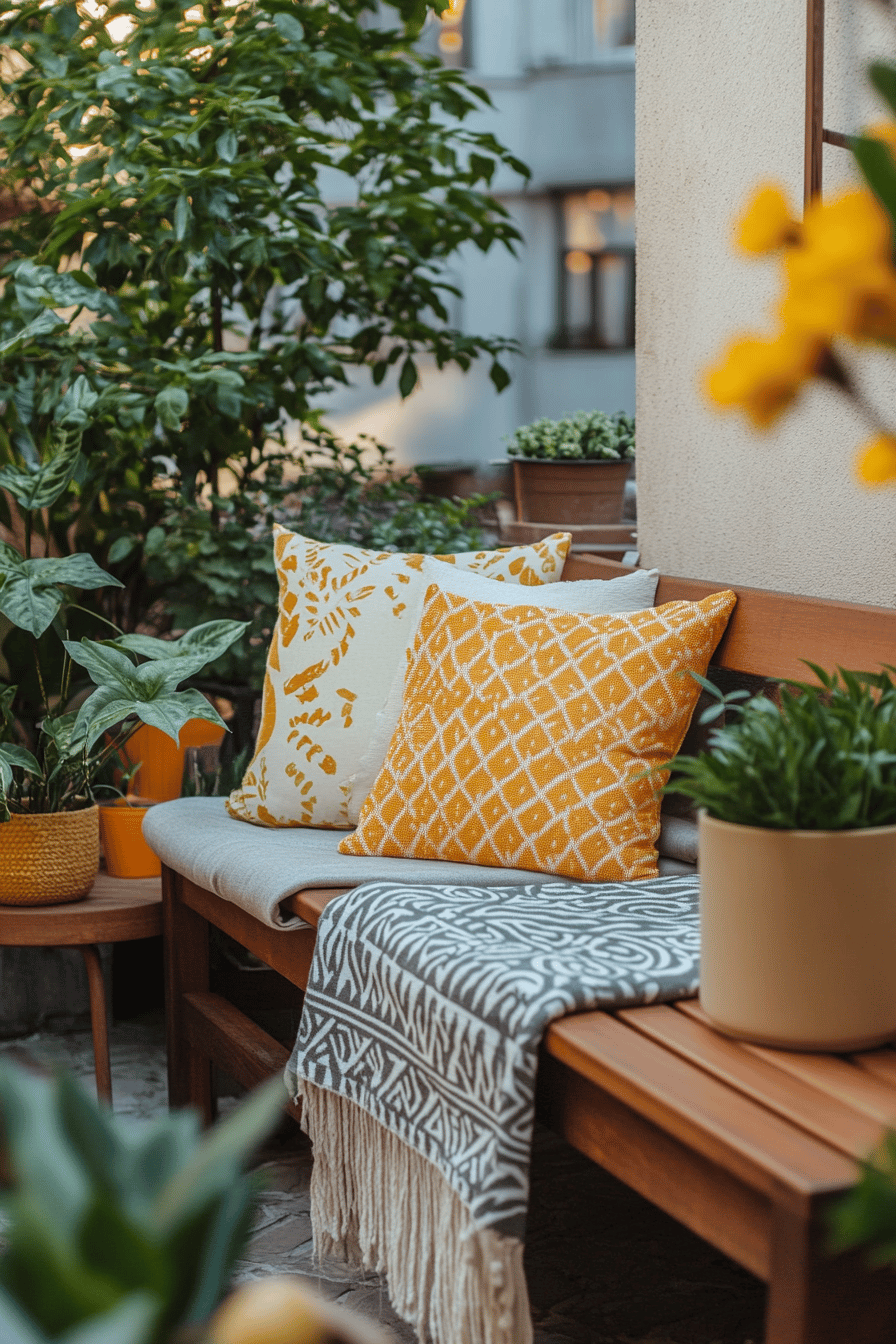 Holzbank mit bunten Kissen und Decke, umgeben von Pflanzen.