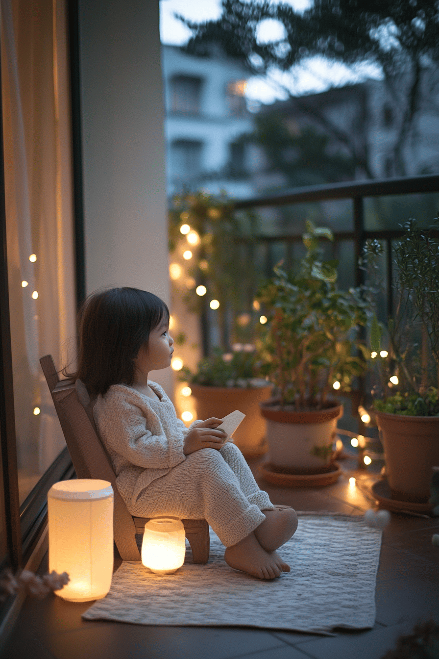 Ein Kind sitzt abends auf einer Terrasse im Schein von indirekten Lichtern.
