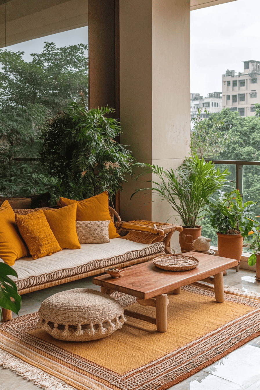 Gemütliche Terrasse mit Loungemöbeln, Pflanzen und Tischdeko.