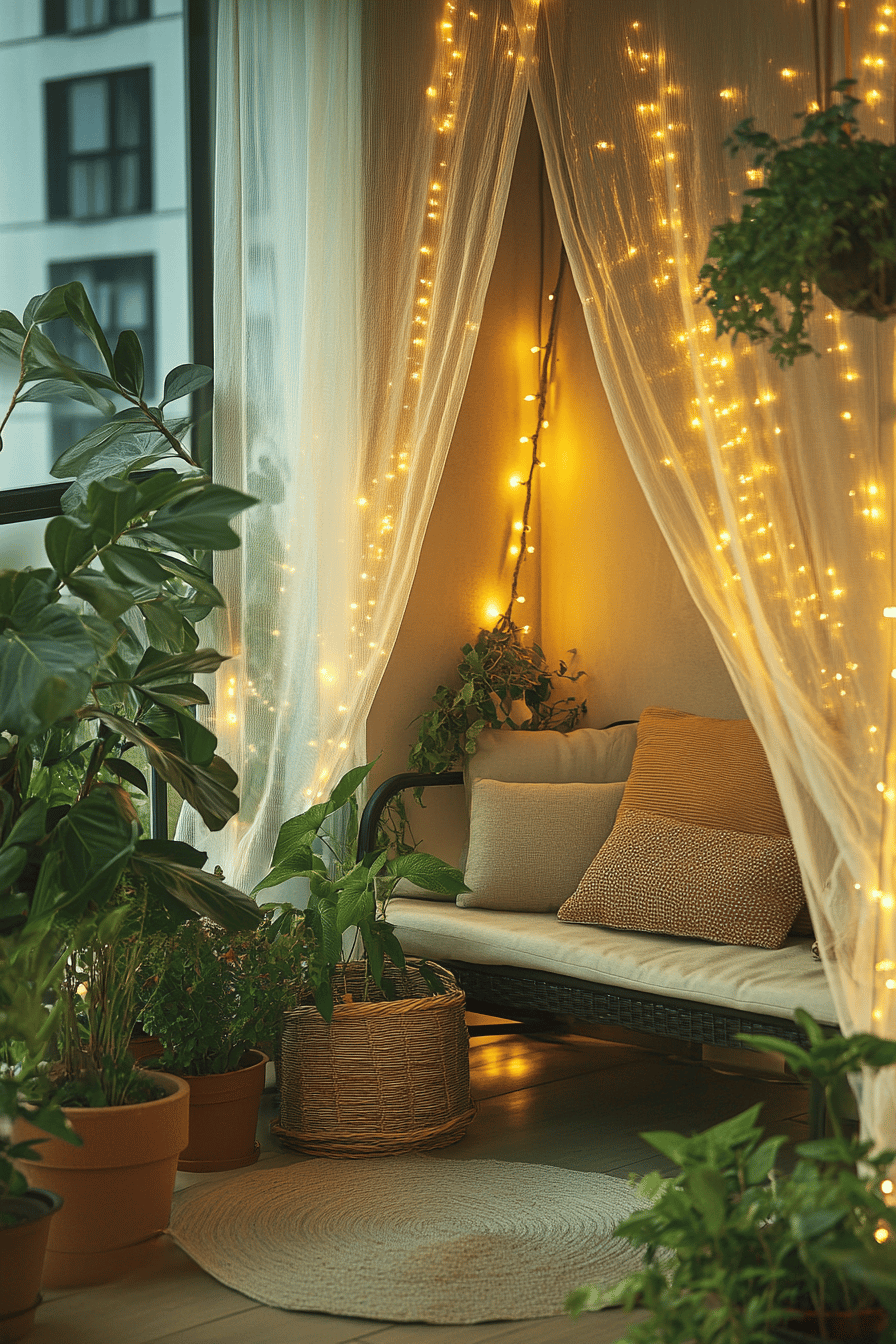 Eine gemütlich dekorierte Terrasse mit Moskitonetz, hellen Lichterketten und vielen Pflanzen.