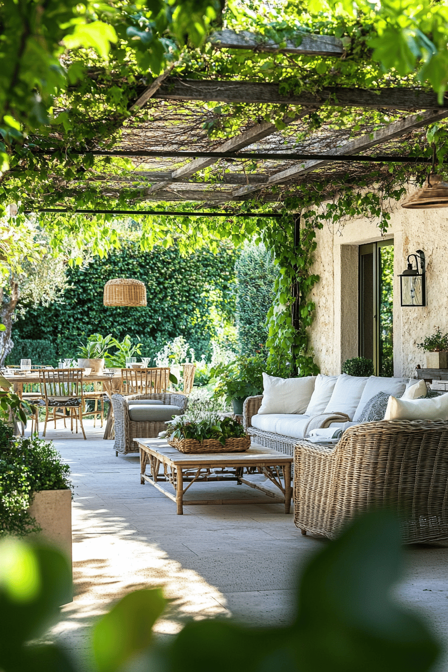Eine gemütliche Terrasse mit Pergola, die von grünen Pflanzen umgeben ist.